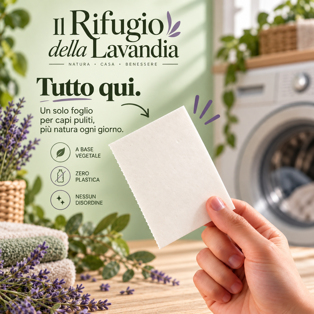 Foglio detergente Il Rifugio della Lavandaia tenuto in mano
